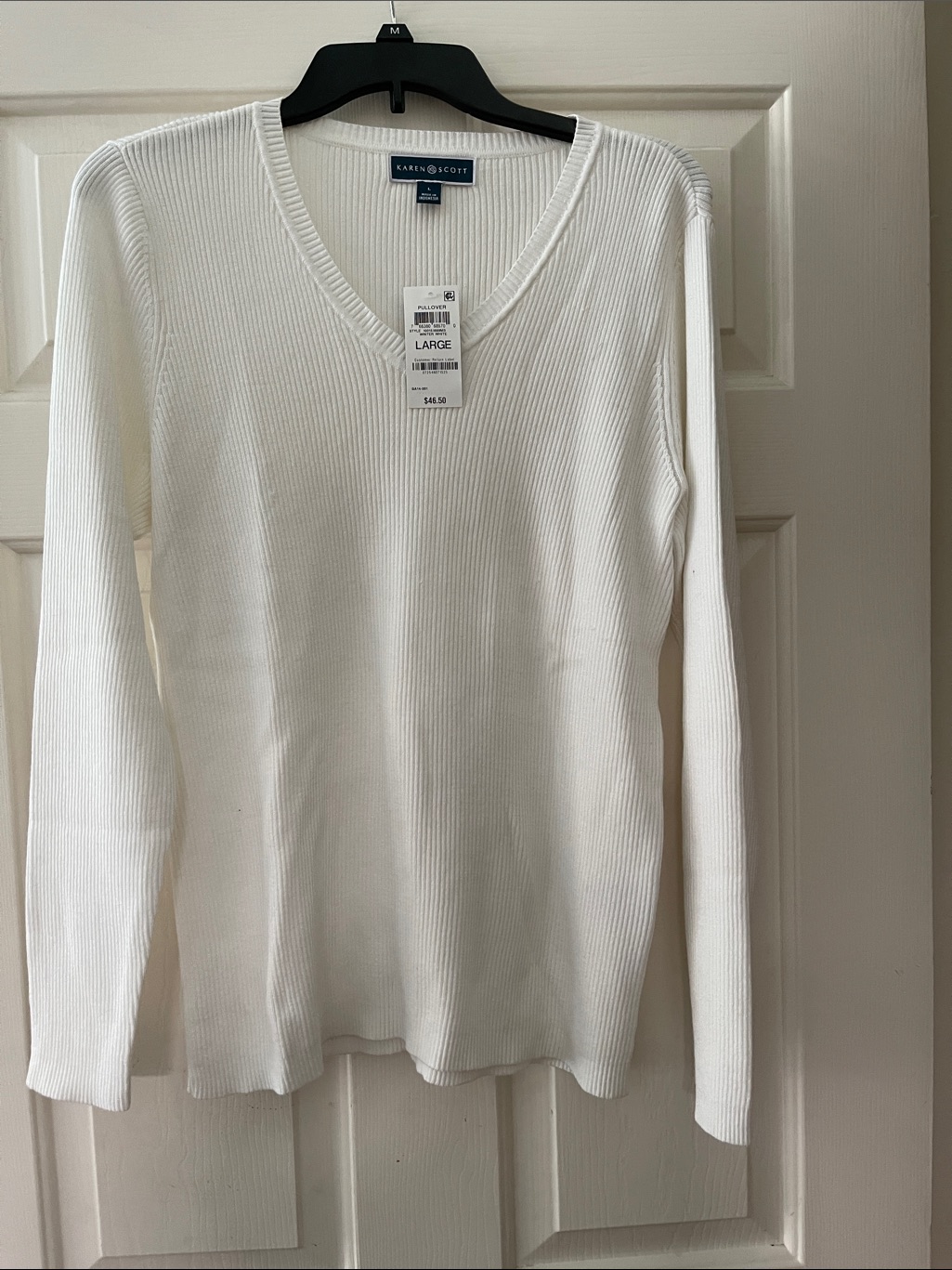 Nwt Karen Scott Winter White Ribbed V-Neck Long-Sleeve Sweater